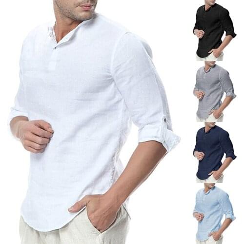 Mens Solid color Stand Collar Wood Button Middle Sleeve Shirts Half cardigan Fabric Summer Wear Mens S-3XL Shirts