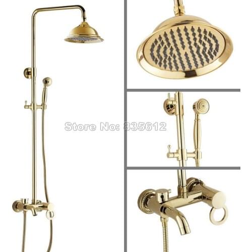 Rain Shower Faucet Set with Handheld Shower Head /Wall Mounted Bathroom Gold Color Brass Single Handle Bathtub Mixer Tap Wgf403