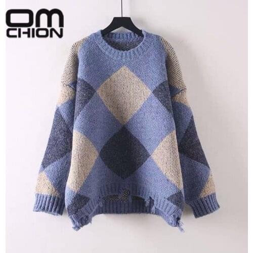OMCHION Chaqueta Mujer 2021 Korean New Casual Loose Diamond Check Chic Sweater Women Round Neck Long Sleeve Knitted Pullover