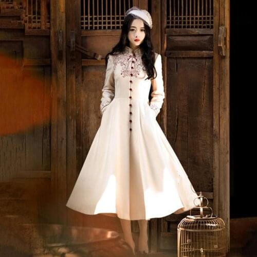 Autumn Winter New Woolen Coat Women Retro Chinese Style Embroidery Stand Collar Single Breasted Slim Long Cashmere Overcoat Y837