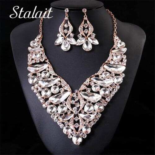 Luxury Crystal Jewelry Set Charm Geometric Rhinestone Insert Necklace Earrings Wedding Jewelry Set For Female Bridal Accessories