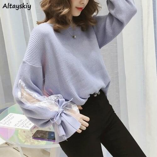 Sweaters Women Elegant Trendy Lantern Sleeve Sweet Bow Design Chic Lady Knitwear All-match Spring Fall Popular Womens Sweater