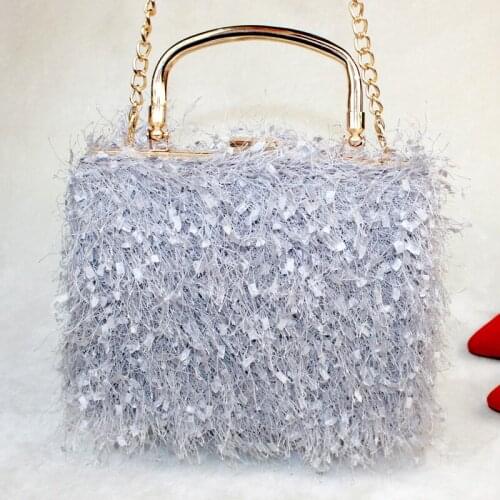 Women Box Handbag Tassel Messenger Bag Lady Lace Party Clutch Fur Banquet Bag Fashion Metal Handle Totes Chain Crossbody