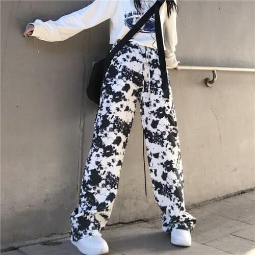 Womens Tie-Dye Pants Pull On High Waisted Drawstring Full Length Straight Let Pants Black White Sweatpants Casual Wear