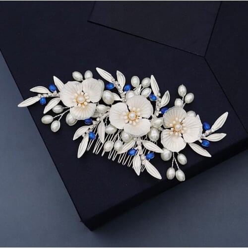Floralbride Handmade Alloy Blue Crystal Rhinestone Pearls Flower Leaf Bridal Hair Comb Weding Hair accessories Women Jewelry