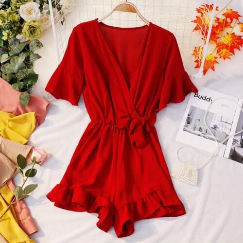 Women Summer V-neck Flare Sleeve Rompers Lace Up Bandage Ruffles Bow Jumpsuit Elastic Slim Chiffon Wrapped Rope Beach Playsuits