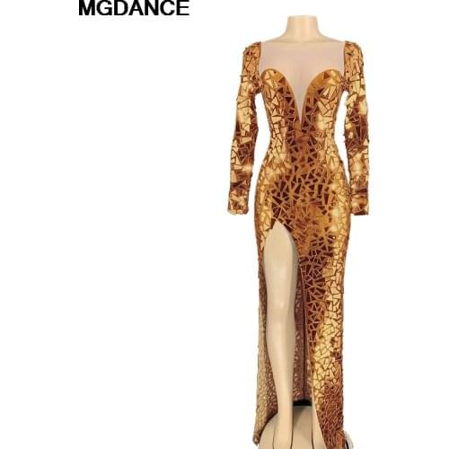 Women Birthday Bright Sexy Costume Prom Bling Gold Mirrors Mesh Perspective Long Dress Evening Party Wear Dresses