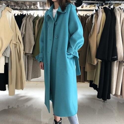 Winter 2020 High End Long Double Sided 100% Wool Coat Womens Lacing Belt Thickened Loose Double Breasted Woolen Overcoat