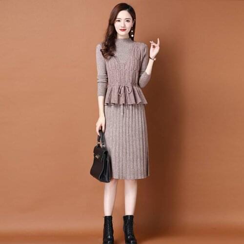Autumn and Winter 2021 Woman New Style Round Collar Slim Long Sleeve Dresses Female Solid Fashion Knitted Two Pieces Sets Q97