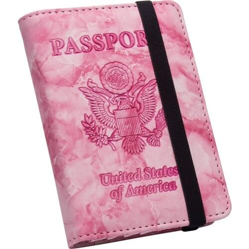 USA Pink glossy marble PU leather Passport Holder complex Cute Business Credit Card Passport Cover with Elastic String