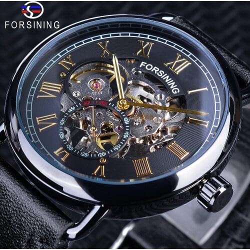 Forsining Black Golden Clock Seconds Hands Independent Design Mechanical Hand Wind Watches for Men Top Brand Water Resistant