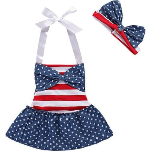 Independence Day Baby Girl Tie Up Star Stripe Print Halterneck Tank Top, Skirt, Bowknot