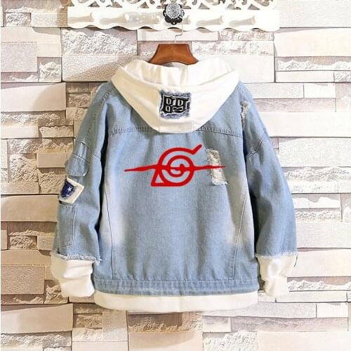 Halloween 3XL Anime Naruto Denim Jacket Uchiha Sasuke Jeans Sweatshirt Men and Women Autumn Hooded Denim Coats Naruto Costumes