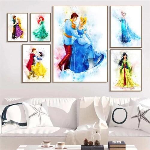 Disney Princess Cartoon Watercolor Princess Print Wall Disney Elsa Belle Princess Poster Canvas Painting for Children Art Room