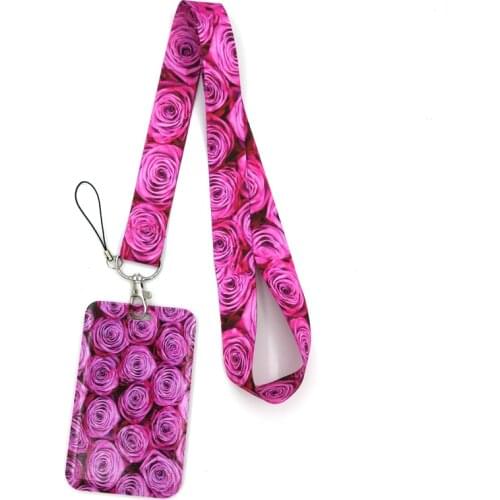 Red Pink Rose Women Key lanyard Car KeyChain ID Card Pass Gym Mobile Phone Badge Kids Key Ring Holder Jewelry Decorations