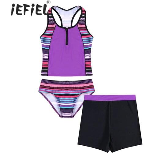 3Pcs/Set Stripe Print Girls Swimwear Tankini Set Sleeveless Kids Swimsuit with Bottoms Summer Beachwear Bathing Suit Bikini Set