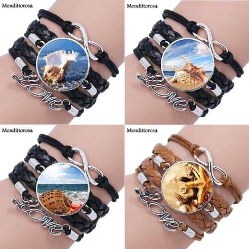 Mendittorosa Starfish Conch Sandbeach Brand Jewelry Multilayer Black/Brown Leather Bracelet Bangle Glass Dome For Child