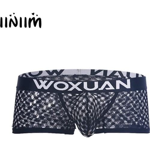 Men Sexy Panties Elastic Waistband Letter Print Hollow Out See-through Mesh Briefs Solid Color Breathable Underwear Boxer Briefs