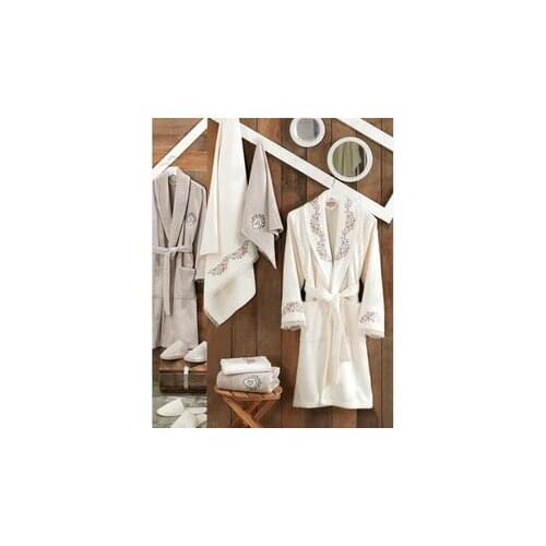 ​DowryWorld - Lara Embroidered Bamboo Bathrobe Set (Cream and Stone Color)