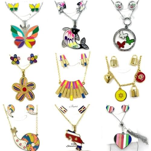 New Fashion Cute Women Stainless Steel Jewelry Set For Women Multicolor Epoxy Pendant Necklace Earring Trendy Jewelry Girl gift