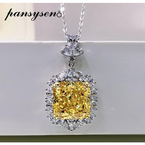 PANSYSEN New 100% 925 Sterling Silver 13MM Citrine Simulated Moissanite Pendant Necklaces for Women Wedding Party Gift Wholesale
