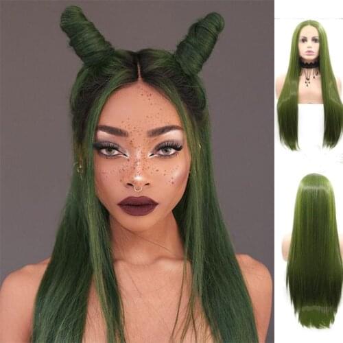 Olive Green Lace Front Wigs for Women Natural Looking Silky Straight Dark Green Wig Heat Resistant Synthetic Hair Middle Part