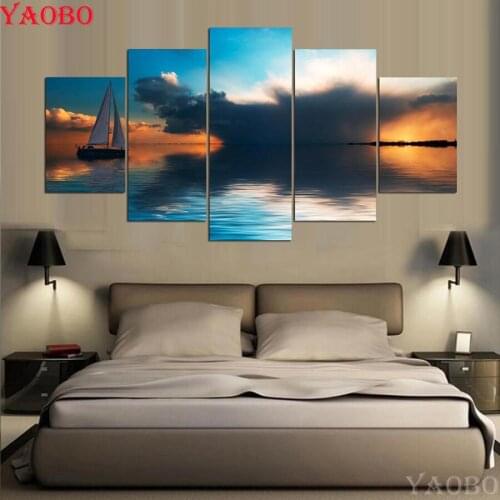 Full square round diamond Painting 5 Panel Ocean And Boat Landscape Painting diamond Pictures mosaic diamond embroidery sale