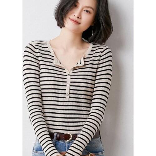 Autumn and Winter Women Striped Pure Wool Sweater O-Neck Sailor Pullover Cashmere Sweater Slim Knitted Warm Base Shirt