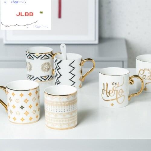 Luxury Gold Totems Mosaic Geometric Flamingo Ceramic Coffee Mug Coffee Cup Gold Breakfast Milk Water Cup Couple Creative Gifts