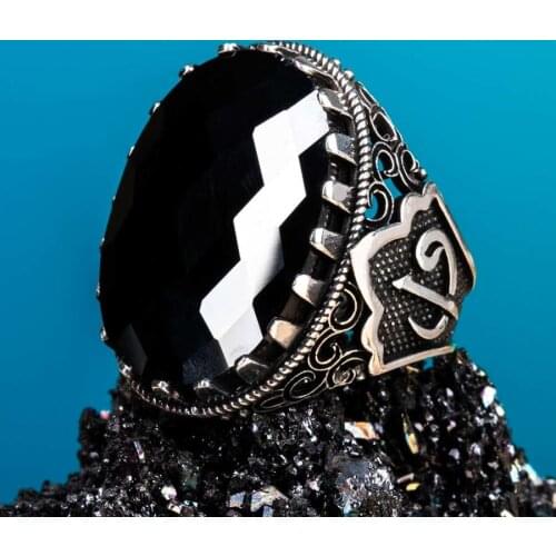 Arabic Letter Motif Silver Ring Faceted Black Zircon Gemstone Ring Islamic Men Jewelery Vintage Handcarved Men Accessories