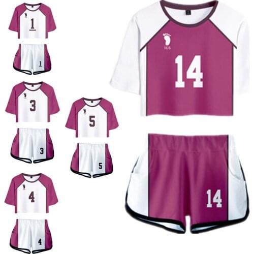 Haikyuu Funny T-shirt Cosplay Anime Fashion Novelty Girls Sexy Two Pieces Shorts Dew Navel Short Sleeve Leisure Sports Suit