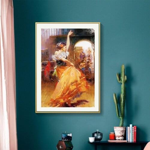 Modern Abstract Portrait Posters and Prints Wall Art Canvas Painting Dancing Girl in Orange Dress Decorative Pictures