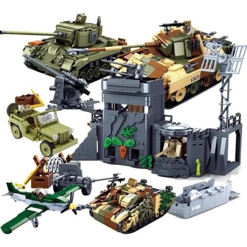 SLuban MOC WW2 Series Normandy Landing P-51 Mustang Fighte Building Blocks Higgins Landing Craft Modle Bricks Tank Toys For Kid