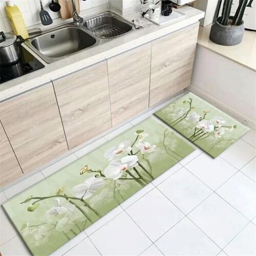 Light Green Orchid Floral Kitchen Long Rug Bedroom Mat Non-slip Plant Flower Pattern Bathroom Rug Area Rug Doormat Inside