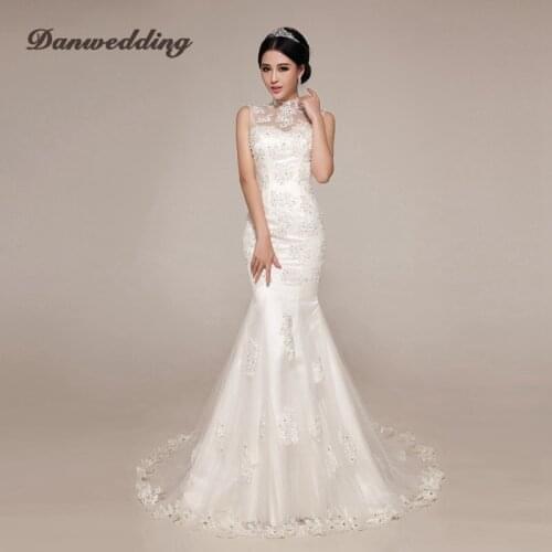 Vintage Sexy Mermaid Wedding Dress High Collar Lace Applique Beaded Bridal Dress Plus Size Illusion Back Wedding Gown Real Photo