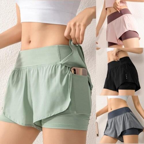 Womens sports yoga shorts anti-empty fake two-piece quick-drying buttocks high waist womens yoga shorts sweatpants
