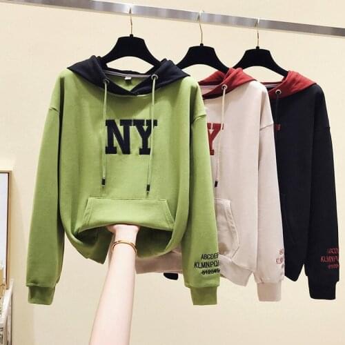 FNOCE 2020 autumn winter womens hoodies young fashion loose casual letter print hooded long sleeve pullover pocket sweatshirt