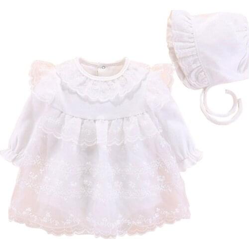 White Ruffles First Birthday Dress for Toddler Infant Full Sleeve Lace Puffy Christening Gown+Hat Baby Girls Baptism Vestido 6M