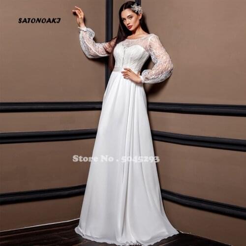 Sexy White Chiffon Wedding Dresses Lace Scoop Neck Full Puff Sleeve Zipper A-Line Bridal Gowns Robe De Mariée Vestidos Sukienki