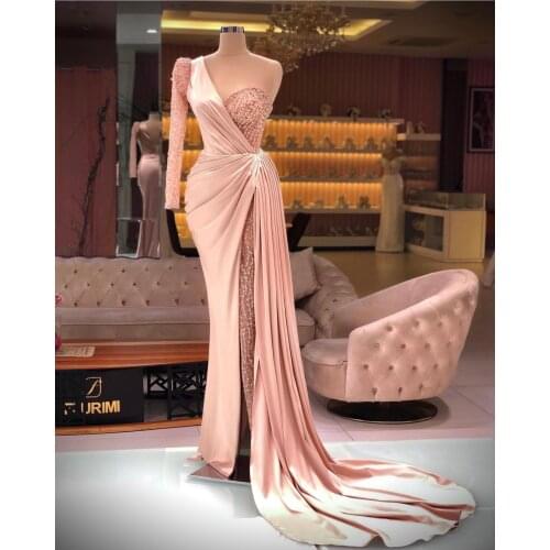 Robe De Soiree One Shoulder Prom Dresses Custom Pink Long Sleeve Mermaid Side Split Formal Dubai Middle East Evening Party Gown