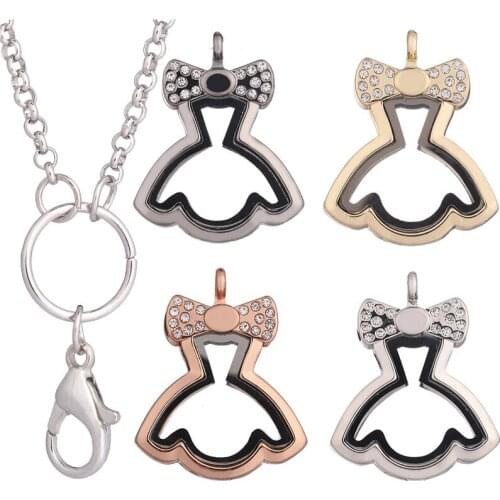 10pcs/lot Alloy Skirt Shape Rhinestone Memory Glass Living Floating Locket for Floating charms Pendant Necklace With Free Chains