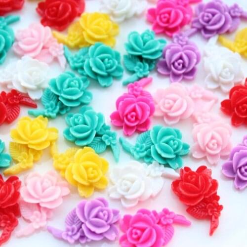 200pcs Resin Rose Flower Cabochons with Handpainted Stems and Leaves mix color 17mm