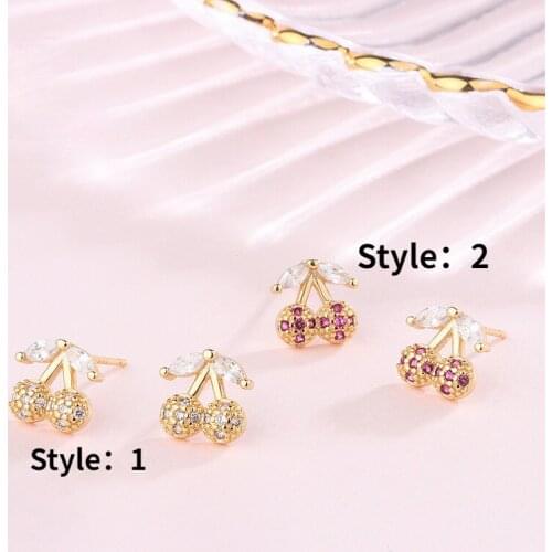 2021 Korea Trend Gold Plated Cherry Earring Fashion Fresh Girl CZ Crystal Stud Earring Suitable for Charm Lady Cocktail Jewelry