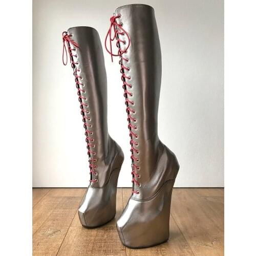 Sexy Knee-high Chelsea Boots Lace-up Champagne Gold Horseshoe Heels Wedges Boots Pole Dance Shoes Woman Zapatos De Mujer Botas