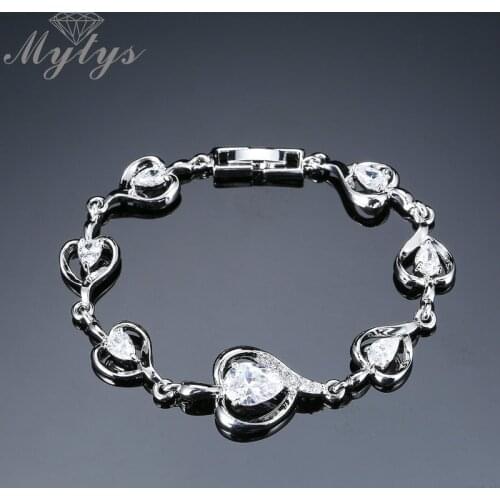 Mytys High Level Cubic Zircon Heart Shape Link Chain Bracelet White Gold Color Fashion Wedding Bridal Jewelry Present B1082