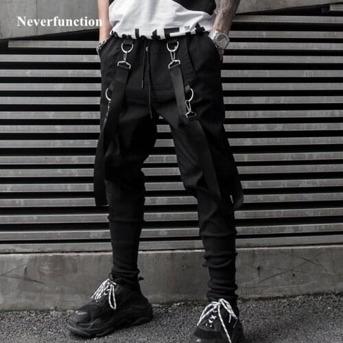 New Men black personality Ribbon Joggers Harem Cargo Pants Fashion Streetwear Mens Hip Hop Slim fit Casual Sweatpants trousers