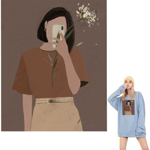 Flower And Maiden Iron-On Transfer For Clothing Applique A-Level Washable Woman T-Shirt Sticker Literary Girl Patches On Clothes