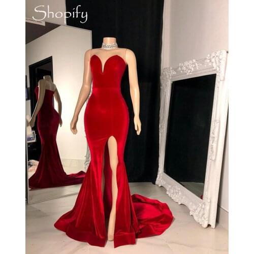 Long Simple Prom Dresses 2021 Elegant High Slit Sweetheart African Black Girls Real Custom Red Velvet Birthday Prom Gowns