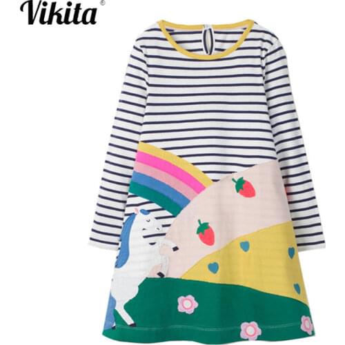 VIKITA Toddler Dresses for Girls Clothing Unicorn Rainbow Dress Baby Girl Clothes Striped Long Sleeve Girl Princess Cotton Dress