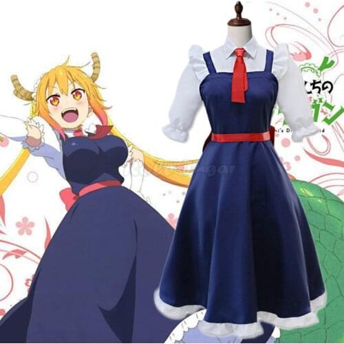 Japanese Anime Miss Kobayashis Dragon Maid Tohru Cosplay Costume Women Girls Short Sleeve Dress Maid Uniforms Costumes C67M152